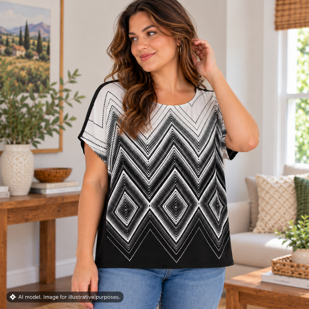 Chicos 3 Shirt Top Womens XL Black White Chevron Diamond Flowy Back Pleat Career